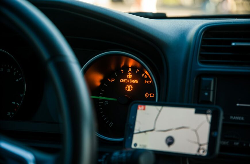 Tablero de un coche mostrando el testigo de "Check Engine" encendido, junto a un teléfono móvil con un mapa en pantalla y códigos de error visibles.