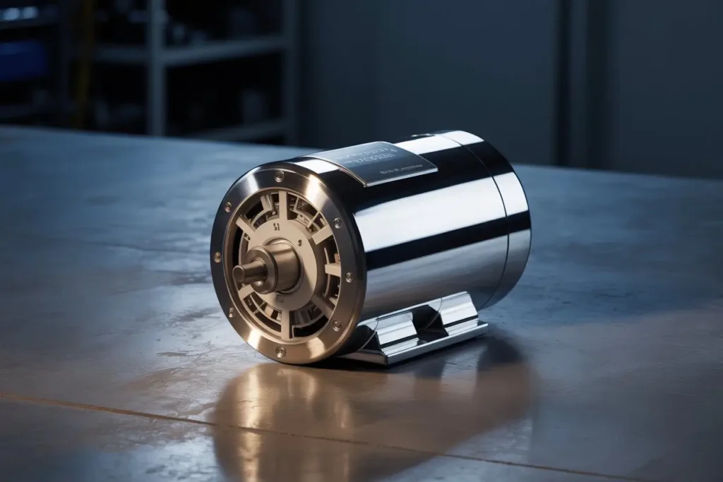 Un moderno motor de arranque eléctrico, diseñado con una estructura elegante y compacta. El motor presenta un revestimiento metálico pulido que refleja la luz, destacando su construcción robusta.