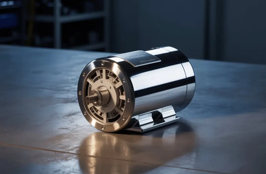 Un moderno motor de arranque eléctrico, diseñado con una estructura elegante y compacta. El motor presenta un revestimiento metálico pulido que refleja la luz, destacando su construcción robusta.