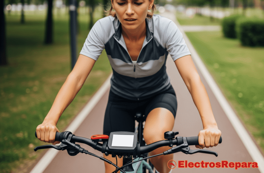una mujer montando una bicicleta eléctrica en un carril bici. Ella tiene una expresión de frustración o preocupación en su rostro, mirando hacia adelante. La pantalla de la consola de la bicicleta, que está en el manillar, aparece en blanco, lo que sugiere una pérdida repentina de energía o una desconexión.