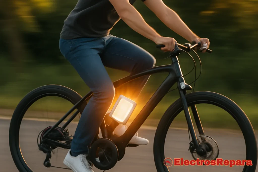 Una bicicleta eléctrica en movimiento, con un efecto de luz sutil que resalta la ubicación del controlador, simbolizando su importancia como el cerebro de la e-bike. La imagen debe ser dinámica y atractiva.