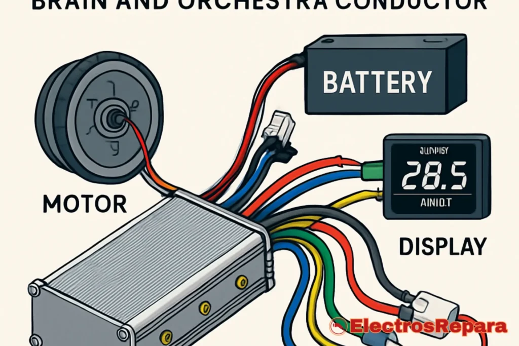 Un controlador de bicicleta eléctrica con varios conectores y una interfaz digital que muestra opciones de configuración, simbolizando la compatibilidad y la capacidad de ajuste. La imagen debe ser clara y enfocada en la tecnología.
