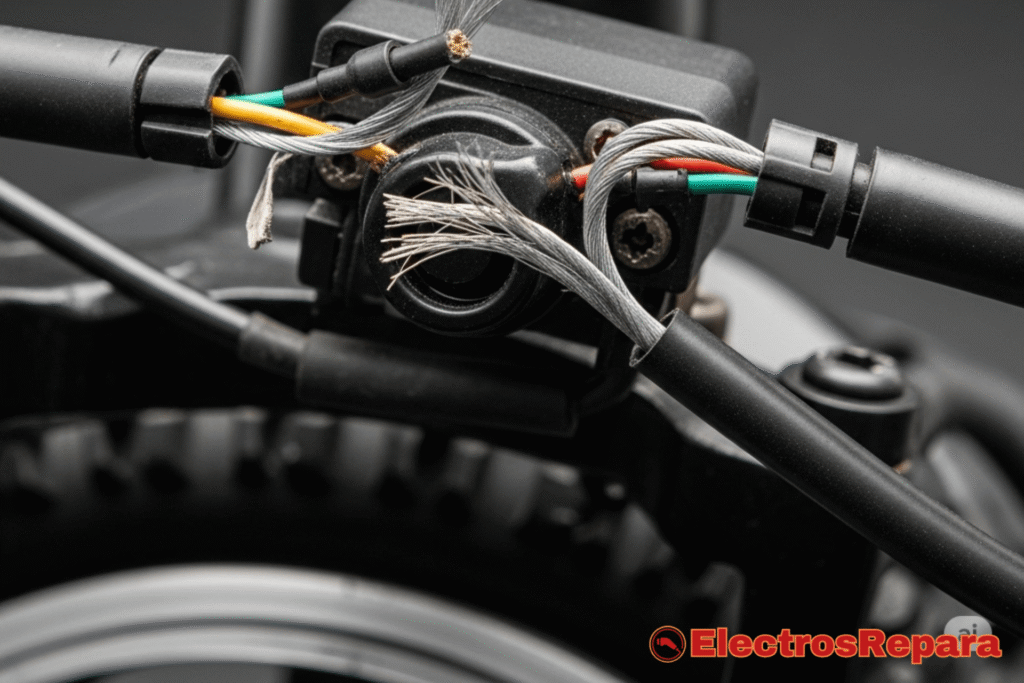 Un sensor de freno de bicicleta eléctrica que parece defectuoso, con cables sueltos o mal ajustado, indicando un problema. La imagen debe ser técnica y mostrar claramente el problema.
