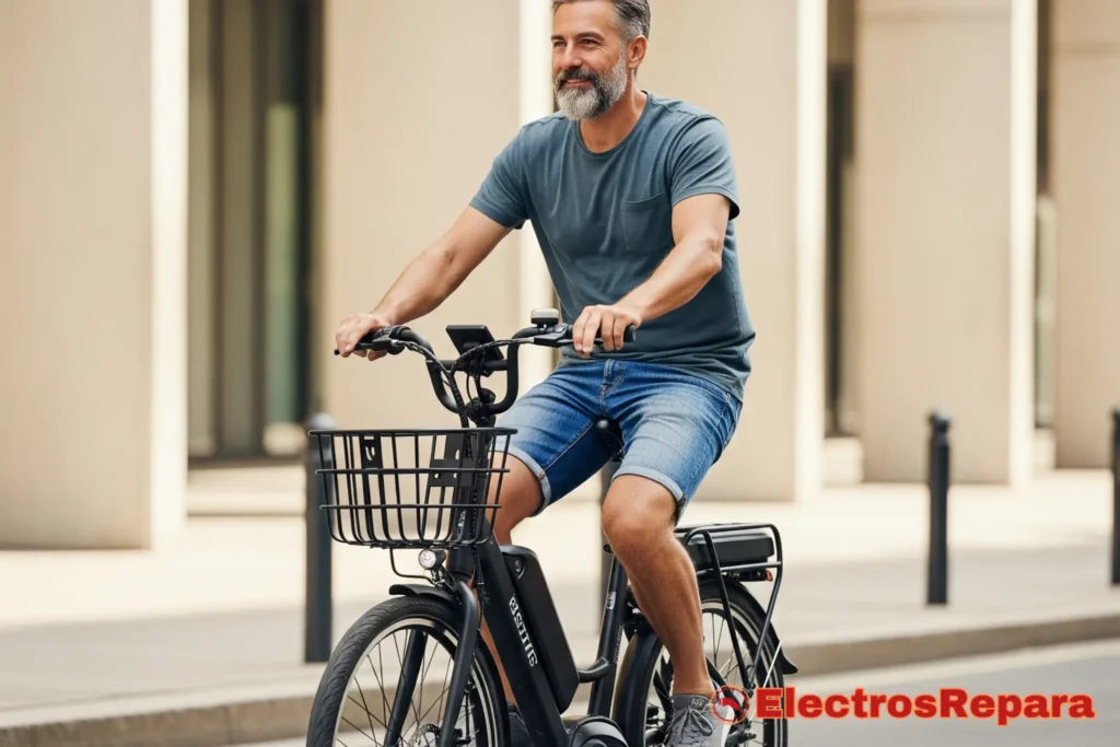 Una persona sonriendo y disfrutando de un paseo en su bicicleta eléctrica en un entorno natural o urbano agradable. La imagen debe transmitir libertad y felicidad.