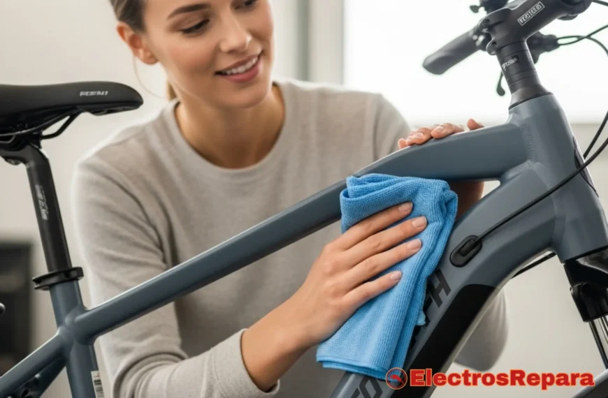 Una persona limpiando suavemente el cuadro de una bicicleta eléctrica con un paño de microfibra, en un entorno limpio y bien iluminado. La imagen debe transmitir cuidado y facilidad de limpieza.