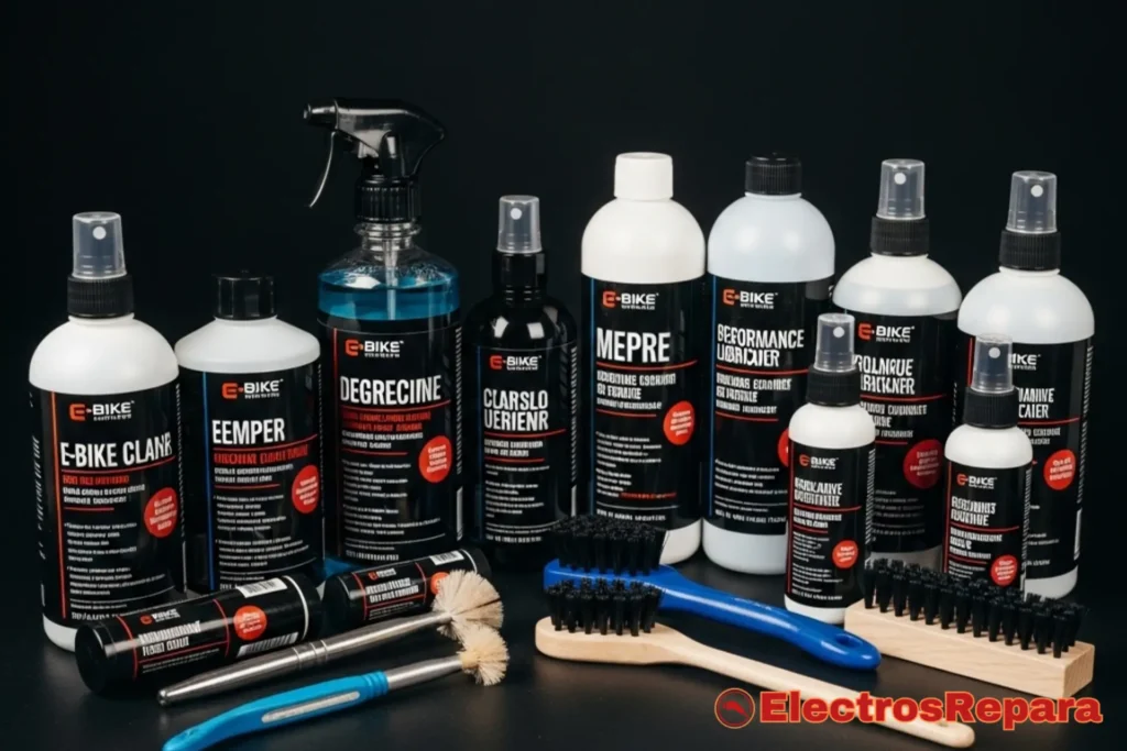 Una colección de productos de limpieza específicos para bicicletas eléctricas, incluyendo limpiadores, desengrasantes, cepillos y lubricantes, dispuestos de forma organizada y atractiva.