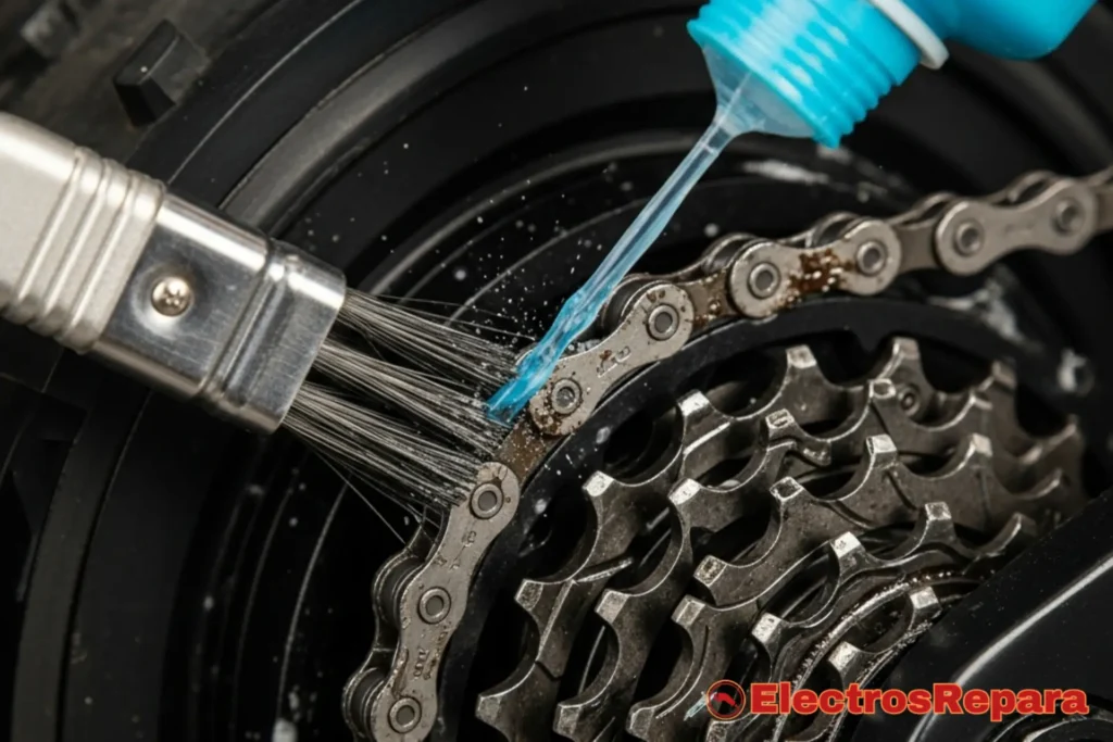 Un primer plano de la transmisión de una bicicleta eléctrica siendo limpiada con un cepillo y desengrasante, o un componente eléctrico delicado siendo limpiado con un paño suave.