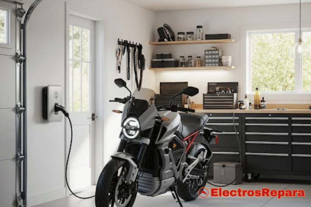 Moto eléctrica cargando en un garaje moderno, destacando la batería de alto voltaje y el entorno de mantenimiento.