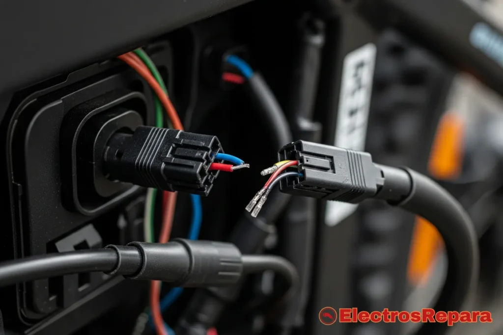 Un primer plano de cables y conectores sueltos o desconectados en una bicicleta eléctrica, indicando un problema de conexión. Se enfoca en los componentes eléctricos.