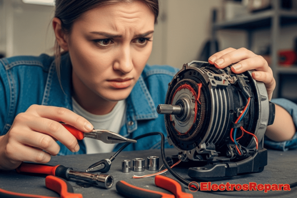 na persona frustrada examinando un motor de bicicleta eléctrica averiado, con herramientas esparcidas. El motor muestra signos visibles de daño o mal funcionamiento, y la imagen se centra en la frustración humana y el problema mecánico.