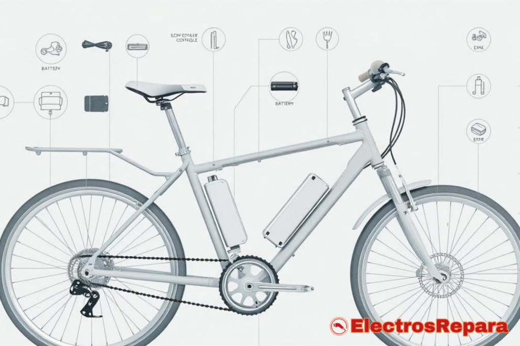 Detalle de la batería de una bicicleta eléctrica, mostrando los conectores y el diseño, resaltando su importancia para el funcionamiento.