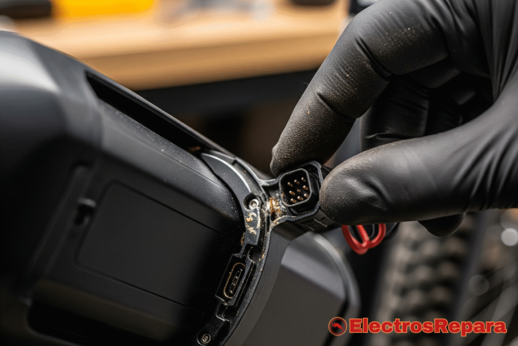 Persona manipulando el conector de la batería de una bicicleta eléctrica, destacando la importancia del mantenimiento y la conexión adecuada.
