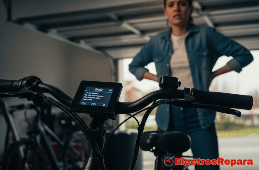 Persona frustrada/confundida, bicicleta eléctrica con display apagado/error, inmovilidad, entorno cotidiano.