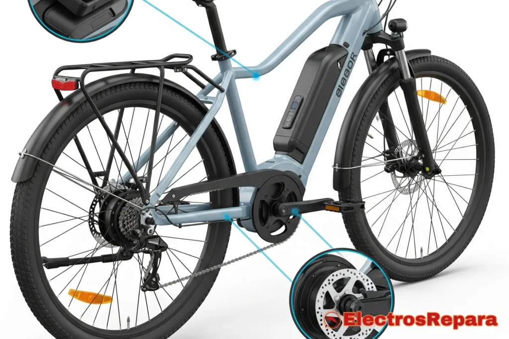 Una bicicleta eléctrica moderna, con sus componentes clave (motor, batería, controlador, pantalla) sutilmente resaltados. La imagen debe ser limpia y enfocada en la tecnología.