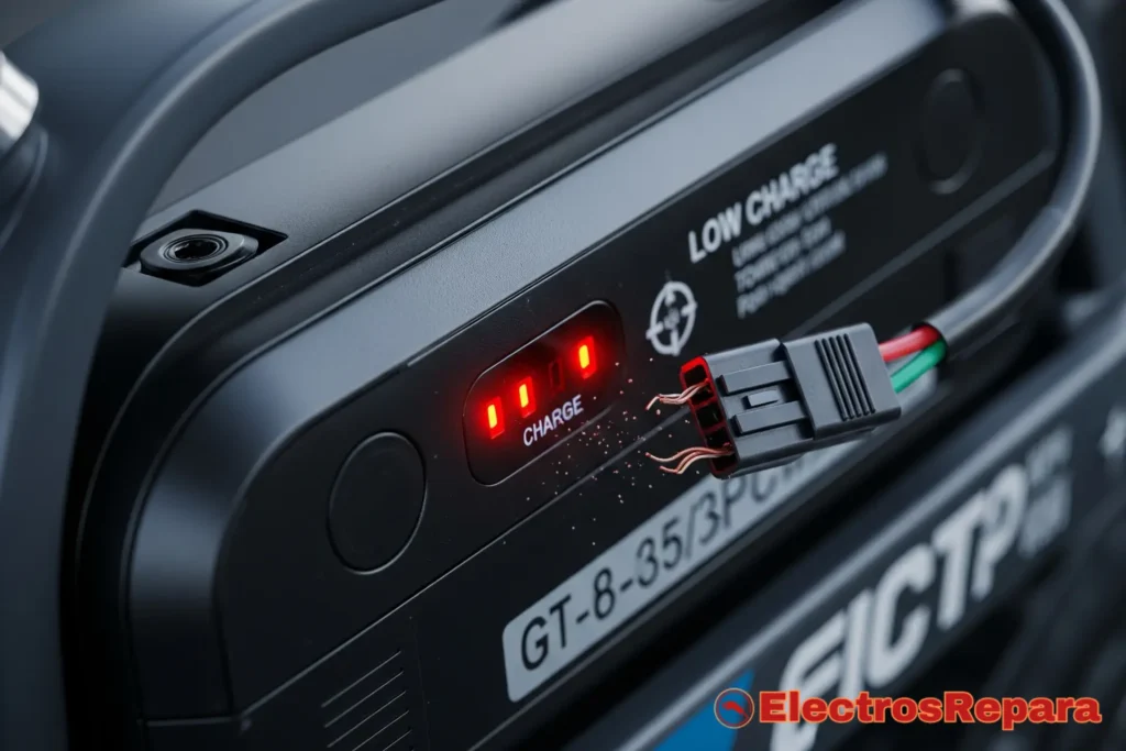 Una batería de bicicleta eléctrica con un indicador de carga muy bajo o un conector visiblemente suelto, simbolizando un problema de energía. La imagen debe ser clara y enfocada en el problema.