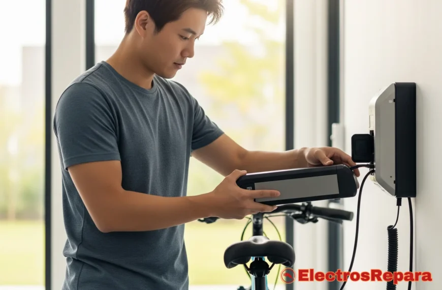 Una persona manipula la batería de una bicicleta eléctrica, con un fondo verde de naturaleza.