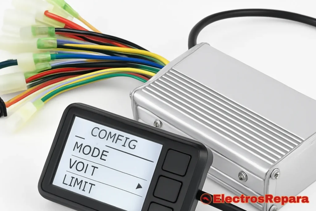 Un controlador de bicicleta eléctrica con cables de colores que se conectan a otros componentes como el motor, la batería y la pantalla, simbolizando su función de cerebro y director de orquesta. La imagen debe ser técnica pero visualmente atractiva.
