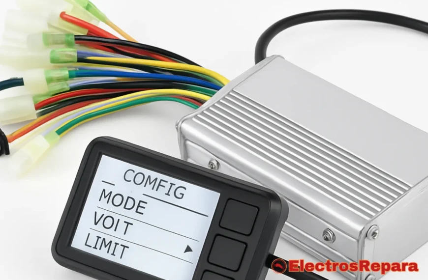 Un controlador de bicicleta eléctrica con varios conectores y una interfaz digital que muestra opciones de configuración, simbolizando la compatibilidad y la capacidad de ajuste. La imagen debe ser clara y enfocada en la tecnología.