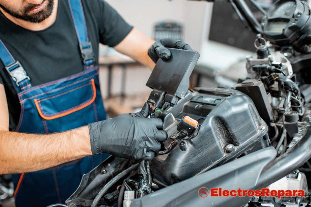 Técnico revisando componentes de una Moto Eléctrica, asegurando la correcta conexión y funcionamiento en el taller.