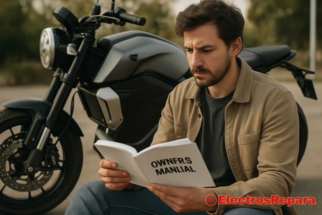 
Un hombre con barba se sienta en el suelo, leyendo atentamente un "PROPIETARIO HOMBRE" (sic) con una motocicleta negra y gris en el fondo.