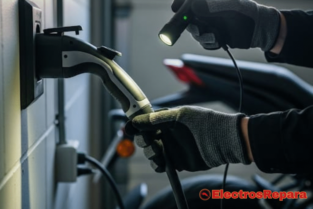 Hombre revisando el cargador de su moto eléctrica que no carga, con linterna en mano.