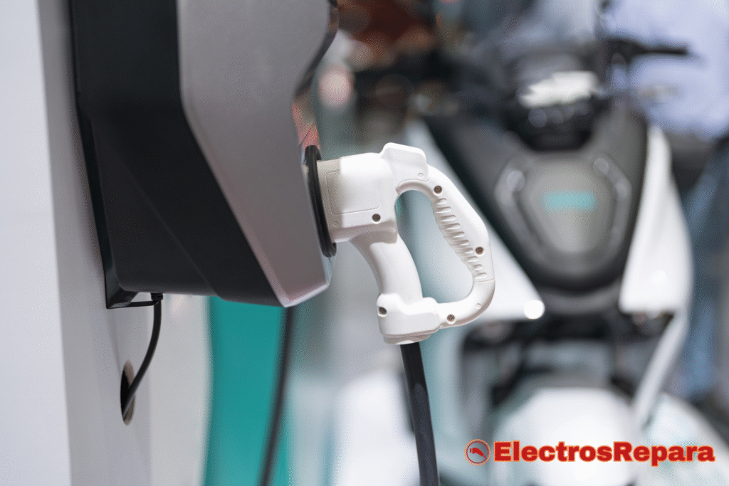 Un cargador de motocicleta eléctrica está conectado a una motocicleta eléctrica blanca,