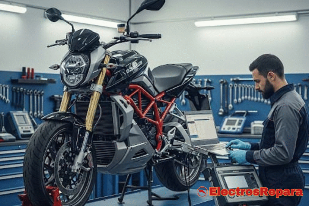 Diagnóstico profesional de la autonomía en motos eléctricas. Un técnico utiliza equipo avanzado para evaluar la batería, el motor y el sistema eléctrico, identificando con precisión la causa de la pérdida de rango. Esencial para dueños que buscan soluciones técnicas para restaurar el rendimiento de su moto.