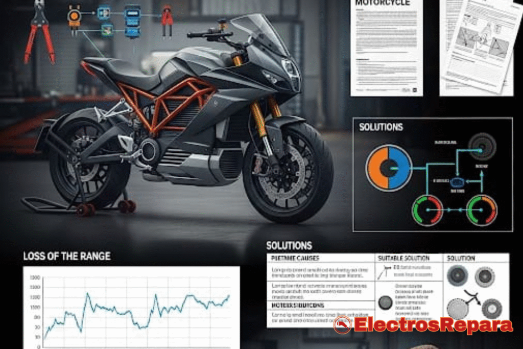 Diagnóstico y solución de la pérdida de autonomía en motos eléctricas. Imagen que ilustra un taller con una moto eléctrica y herramientas, destacando la importancia del mantenimiento para optimizar la batería y el rendimiento. Ideal para usuarios que buscan extender la vida útil y el rango de su vehículo.