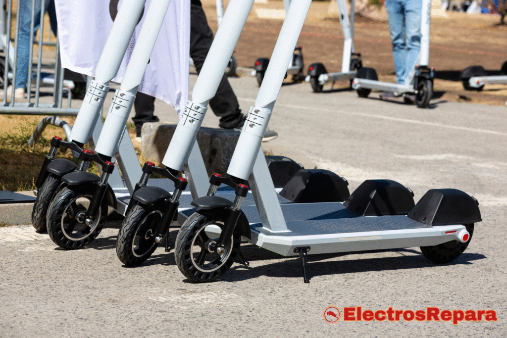 Una fila de patinetes eléctricos modernos y uniformes en gris y negro. Esta imagen es relevante para "Cómo Elegir un Patinete con Buenos Componentes", permitiendo observar características clave como ruedas y estructura, esenciales para la calidad y la elección del vehículo.