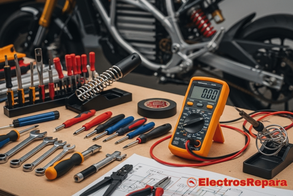 Descubre las herramientas esenciales para desbloquear la batería de tu moto eléctrica. Prepara tu taller en casa con esta guía visual de equipos necesarios.
