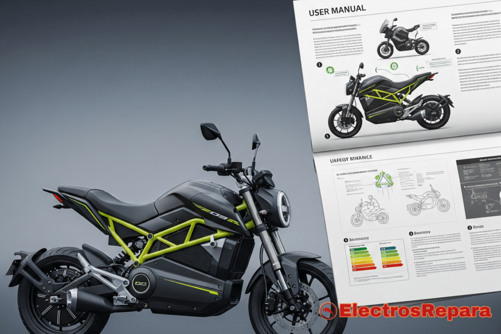 Una moto eléctrica moderna con un manual abierto, simbolizando el conocimiento y la preparación del nuevo propietario.