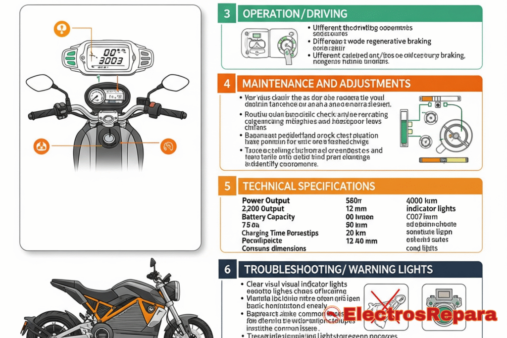 Un diagrama claro que desglosa las secciones esenciales del manual de una moto eléctrica, destacando seguridad, controles y mantenimiento.