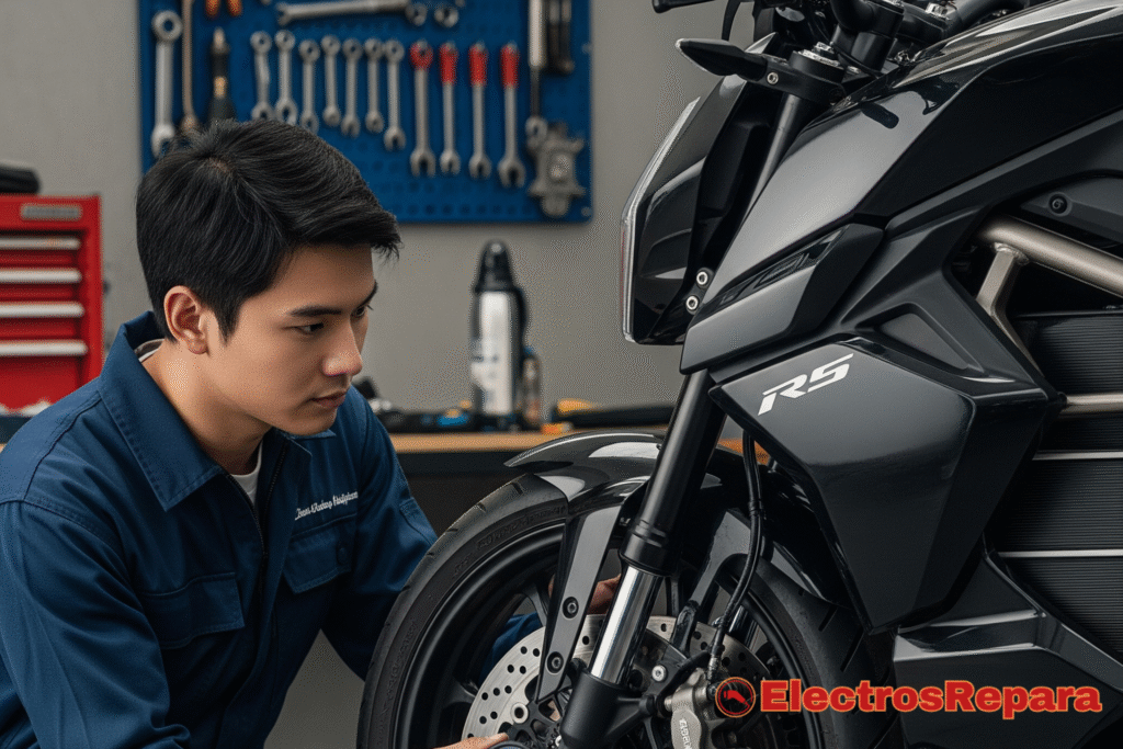 Técnico trabajando en una Moto Eléctrica R5, realizando mantenimiento en un taller equipado.