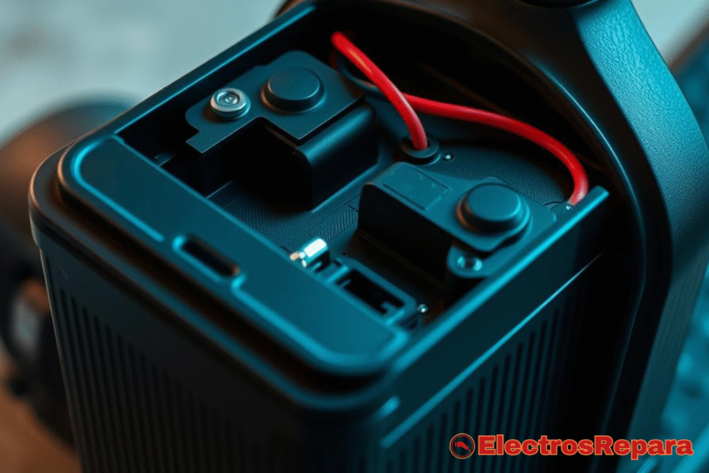 Detalle de la batería de un patinete eléctrico, mostrando los conectores y el diseño, resaltando el cuidado de la batería para su óptimo funcionamiento.