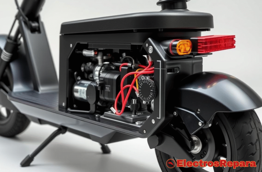 Vista detallada del motor y la batería de un patinete eléctrico, destacando la importancia del cuidado de la batería para su rendimiento.