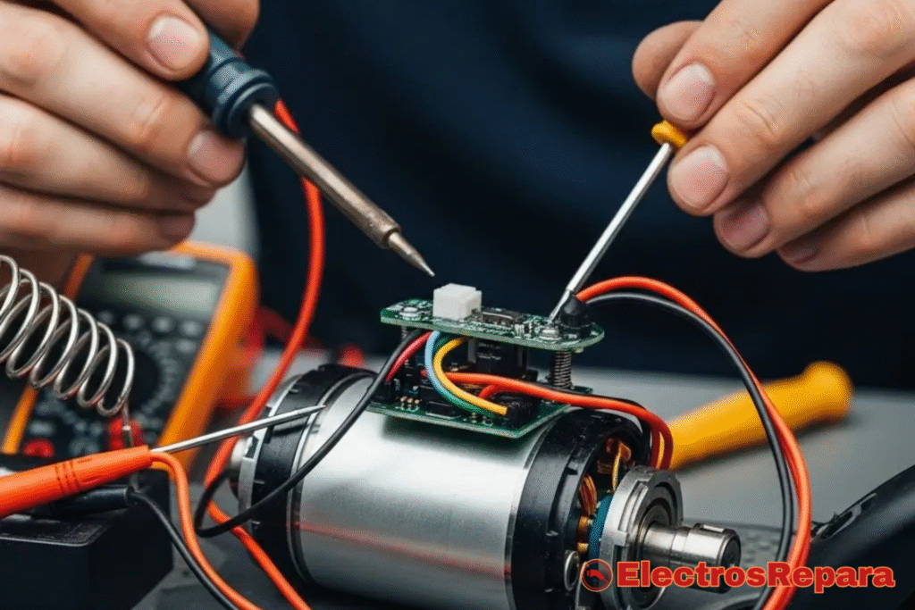 Manos expertas reparando un motor de patinete eléctrico, con herramientas como un soldador y un multímetro en primer plano. Enfoque en el detalle de la reparación. Estilo fotorealista.