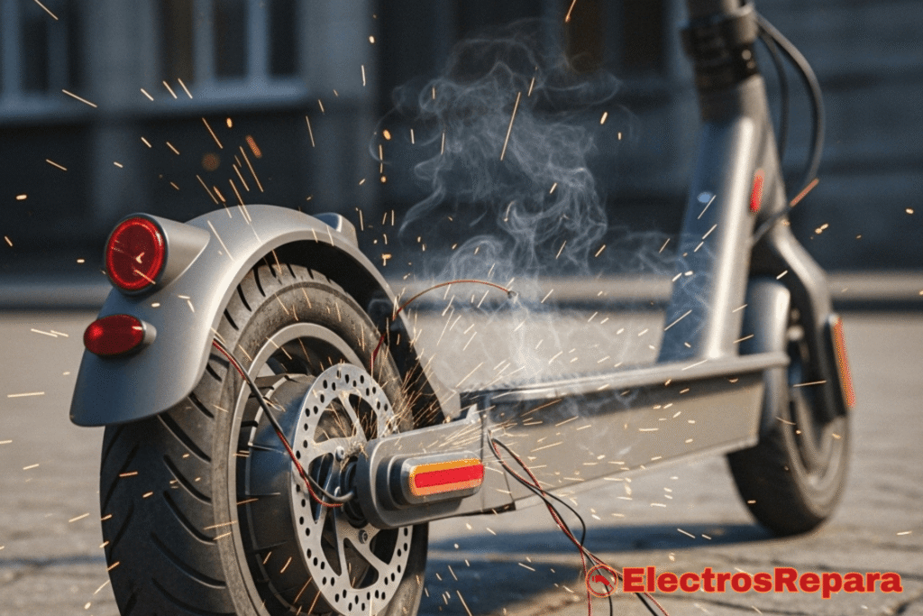 Un patinete eléctrico con el motor de la rueda trasera visible, y elementos visuales que sugieran problemas como chispas, humo o cables dañados, en un estilo realista pero que resalte la avería.