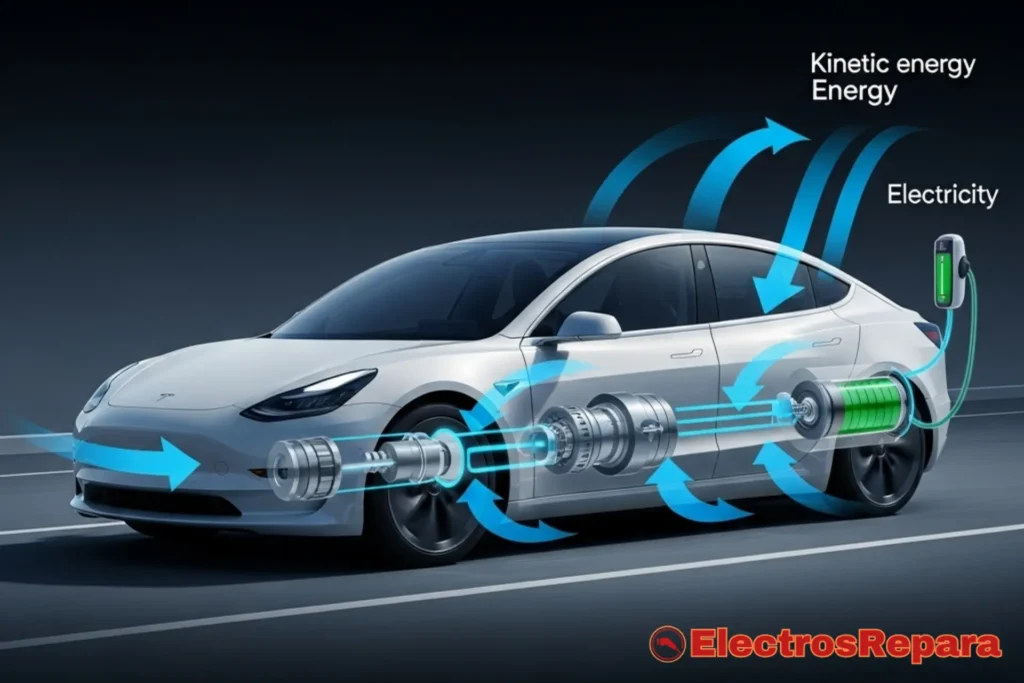 Un coche eléctrico con flechas azules que ilustran el flujo de energía durante la frenada regenerativa, mostrando cómo la electricidad se genera y se envía de vuelta a la batería. La imagen tiene un estilo limpio y moderno.