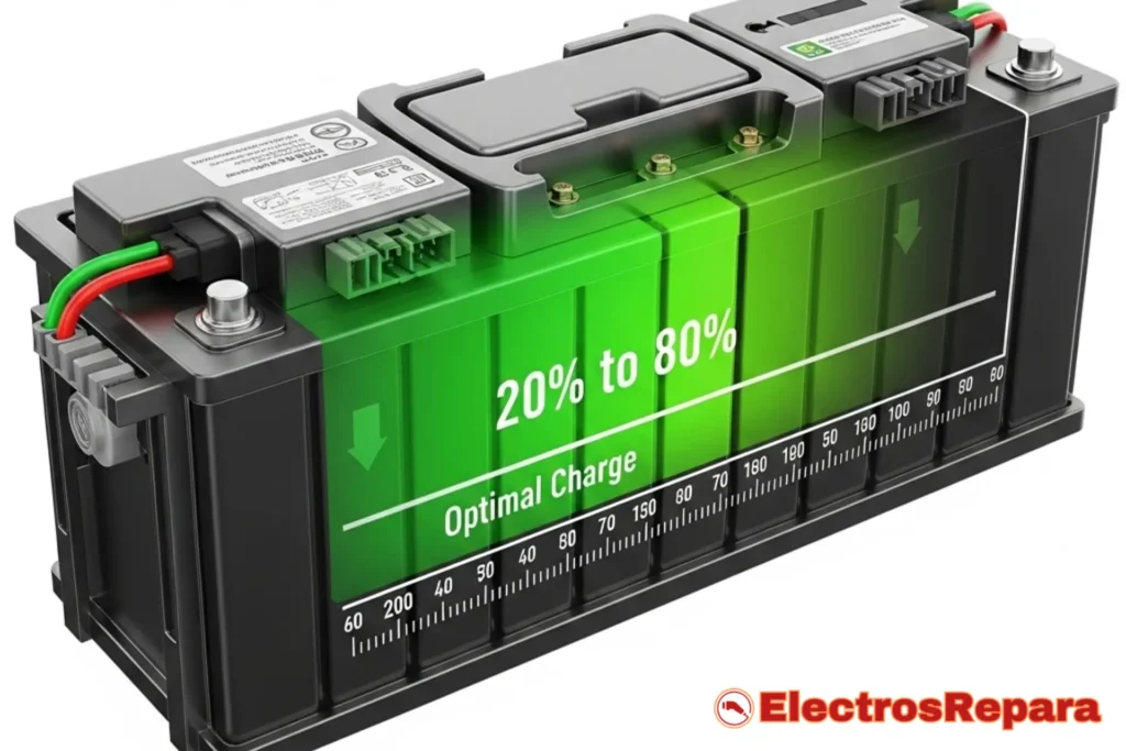 Una ilustración gráfica de una batería de coche eléctrico con un indicador de carga que muestra el rango óptimo entre el 20% y el 80%, resaltado en verde.