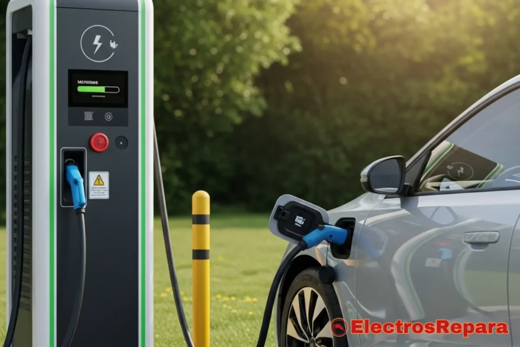 Un coche eléctrico cargándose en una estación de carga rápida, con una indicación visual de uso moderado, quizás una señal de advertencia sutil o un icono de carga equilibrada. La escena transmite una sensación de carga cuidadosa e intencionada, no de uso excesivo.