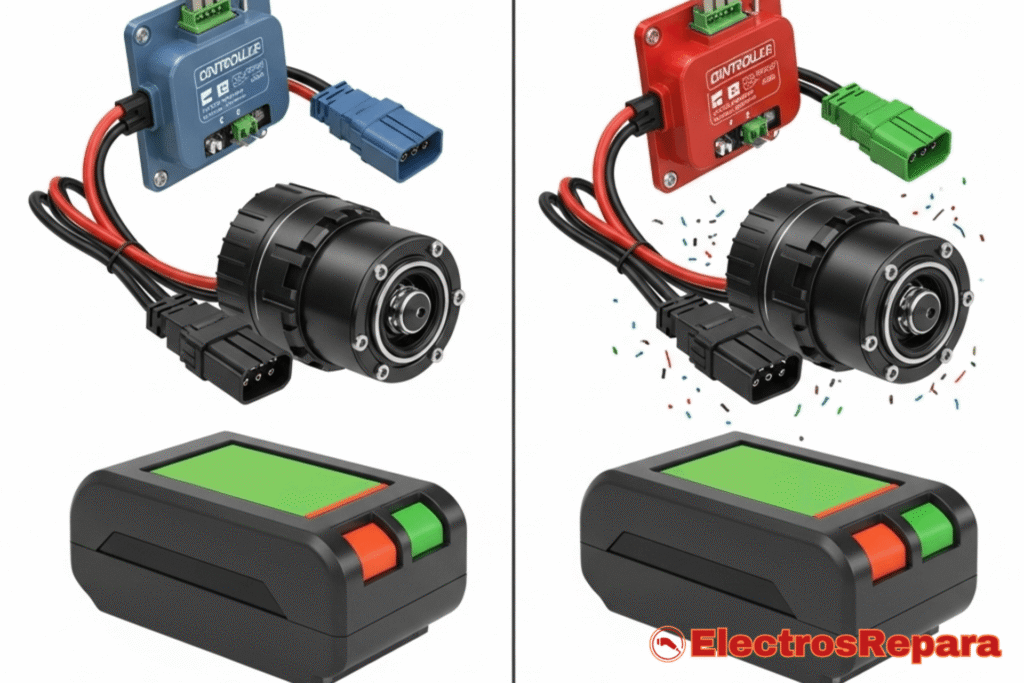 Dos conjuntos de componentes de e-bike (controlador, motor, batería) lado a lado. Un conjunto claramente compatible (conectores que encajan, colores que combinan) y el otro incompatible (conectores que no encajan, colores discordantes), simbolizando la importancia de la compatibilidad. Estilo ilustración técnica.