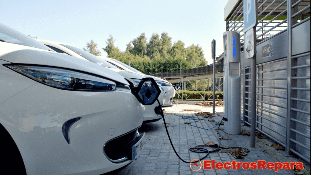 Un coche eléctrico conectado a un punto de carga, con el cable de carga y el puerto de carga claramente visibles. Esta imagen simboliza la importancia de una carga adecuada y los posibles problemas relacionados con el sistema de carga que pueden llevar a que el coche no arranque.