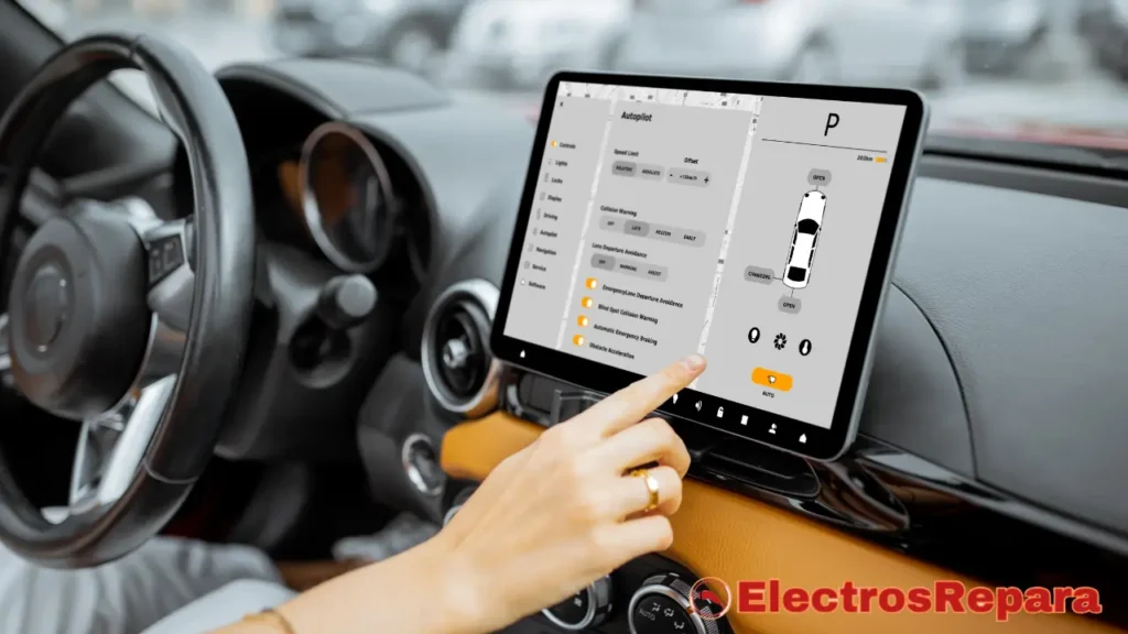 Una persona interactuando con la pantalla táctil de un coche, que parece controlar diversas funciones del vehículo, incluyendo posiblemente la Climatización de Coches Eléctricos. La interfaz digital permite ajustar configuraciones como la advertencia de colisión, asistencia de mantenimiento de carril y frenado de emergencia, ofreciendo un control avanzado sobre las funciones del automóvil.