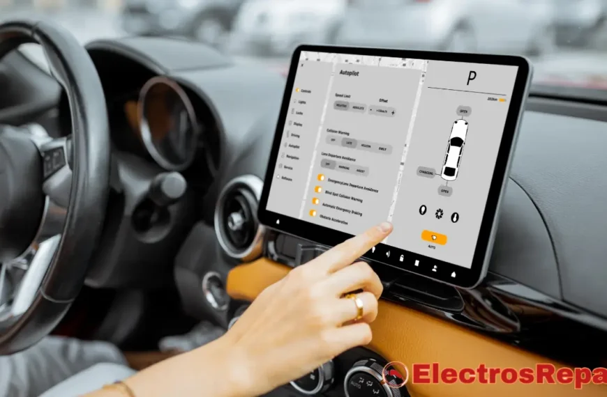 Una persona interactuando con la pantalla táctil de un coche, que parece controlar diversas funciones del vehículo, incluyendo posiblemente la Climatización de Coches Eléctricos. La interfaz digital permite ajustar configuraciones como la advertencia de colisión, asistencia de mantenimiento de carril y frenado de emergencia, ofreciendo un control avanzado sobre las funciones del automóvil.