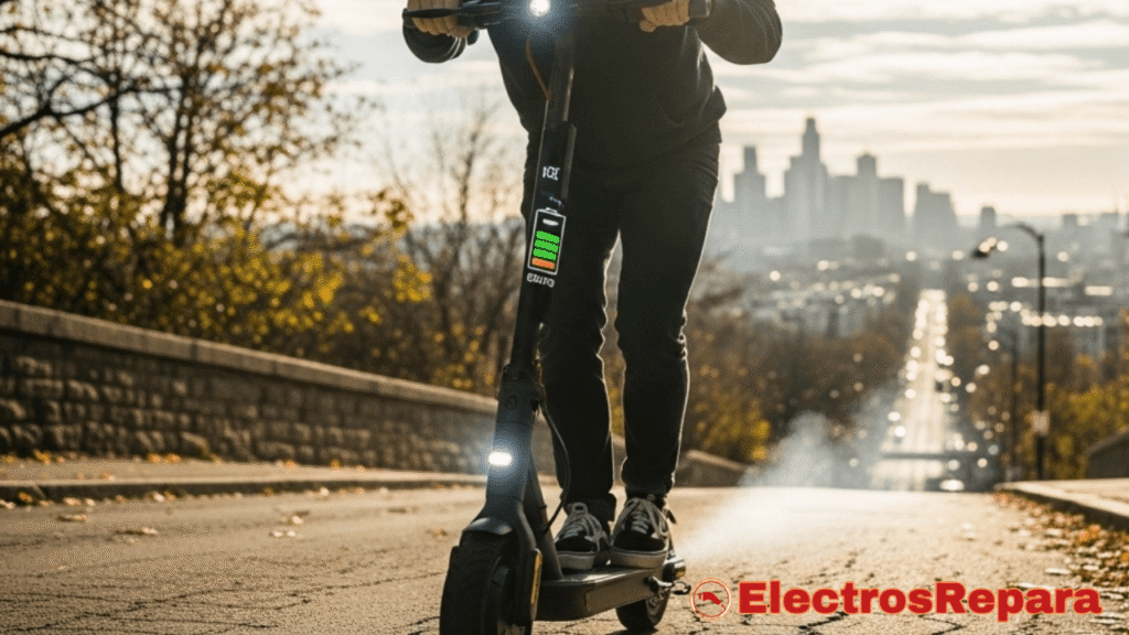 Un patinete eléctrico en una pendiente, con el conductor esforzándose y el patinete mostrando signos de falta de potencia. (Imagen que representa la pérdida de potencia en una situación real).