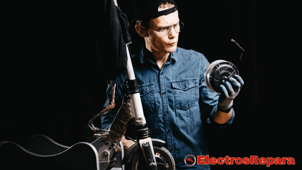 
La imagen muestra a un hombre, posiblemente un técnico o un aficionado, examinando el motor de un patinete eléctrico. El patinete está parcialmente visible a su izquierda, y el hombre sostiene el motor, que parece haber sido removido del patinete. La iluminación es dramática, con un fondo oscuro que resalta al sujeto y los componentes. La expresión del hombre sugiere concentración o preocupación, lo cual se alinea con la pérdida de potencia del patinete eléctrico, implicando que está investigando la causa de un fallo o una avería relacionada con el rendimiento del motor. 
