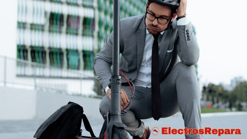 La imagen muestra a un hombre vestido con un traje y corbata, con un casco de ciclista, agachado junto a un patinete eléctrico. Su expresión facial denota frustración o preocupación, y tiene una mano en su cabeza. El patinete está inmóvil, y la postura del hombre sugiere que ha habido un problema. La escena, con el hombre de negocios aparentemente varado, ilustra claramente una situación en la que el patinete eléctrico pierde potencia y le ha dejado en una situación inconveniente. A su lado hay una mochila negra,