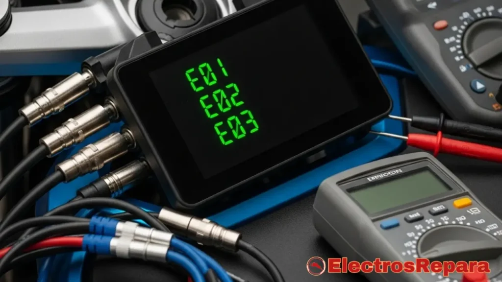Una pantalla LCD de moto eléctrica mostrando códigos de error como E01, E02, E03 en texto digital verde brillante sobre fondo negro. Alrededor de la pantalla, elementos de diagnóstico como cables, conectores y herramientas de medición. La imagen tiene un estilo técnico y profesional, con iluminación suave que resalta los códigos en la pantalla. Colores predominantes: negro, verde neón, azul metálico y gris.