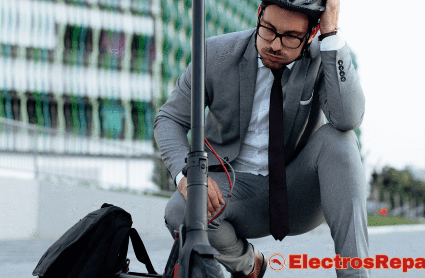 La imagen muestra a un hombre vestido con un traje y corbata, con un casco de ciclista, agachado junto a un patinete eléctrico. Su expresión facial denota frustración o preocupación, y tiene una mano en su cabeza. El patinete está inmóvil, y la postura del hombre sugiere que ha habido un problema. La escena, con el hombre de negocios aparentemente varado, ilustra claramente una situación en la que el patinete eléctrico pierde potencia y le ha dejado en una situación inconveniente. A su lado hay una mochila negra,