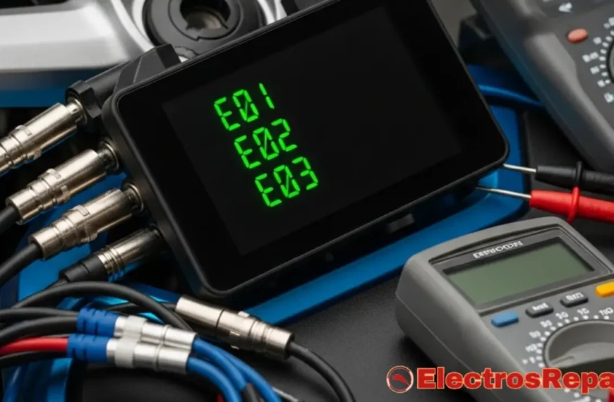 Una pantalla LCD de moto eléctrica mostrando códigos de error como E01, E02, E03 en texto digital verde brillante sobre fondo negro. Alrededor de la pantalla, elementos de diagnóstico como cables, conectores y herramientas de medición. La imagen tiene un estilo técnico y profesional, con iluminación suave que resalta los códigos en la pantalla. Colores predominantes: negro, verde neón, azul metálico y gris.